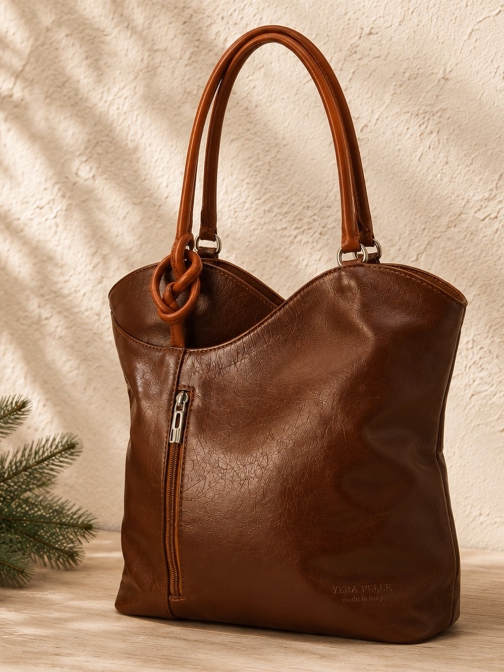 Vera Pelle Genuine Italian Leather Convertible Tote Backpack Brown Made in Italy